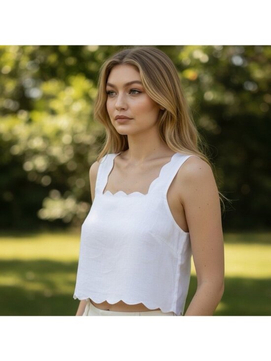 Petal & Pup Tops - Petal And Pup White Linen Crop Top Tank Square Neck Scalloped Hem Size L
